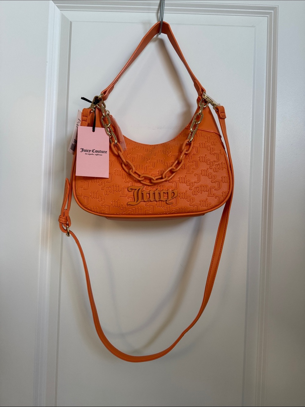 Juicy Couture Bright Orange Embossed Hobo/Shoulder Bag with Chain